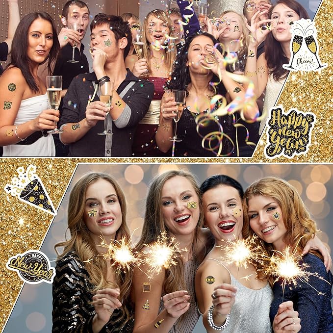 Landhoow 240 Pcs 2026 Happy New Year Tattoos Temporary Stickers Glitter New Year's Eve Face Tattoos Cool Body Sticker 2026 Themed Party Costume Accessory Tattoo Party Favor