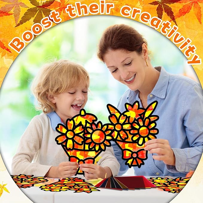 QOUBAI 32 Sets Fall Bouquet Suncatchers Craft Kit DIY Window Stained Glass Effect Autumn Bouquet Paper Crafts Home School Classroom Decoration Kid Birthday Gift Creative Art Project Activity Game