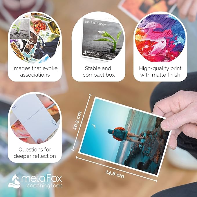metaFox | Leading Change Postcards Pack | 52 Cards for Coaching & Change Management | Based on the 8-Step Process for Leading Change by John P Kotter
