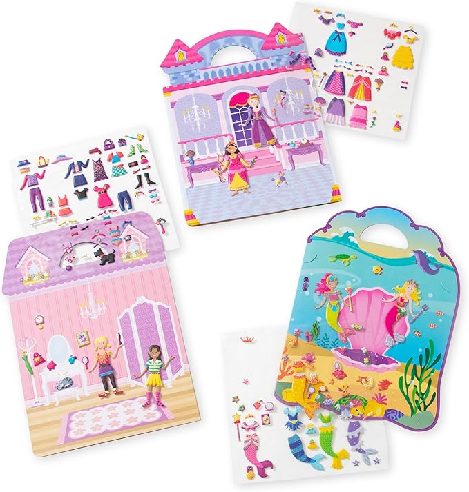 Melissa & Doug Puffy Sticker Activity Books Set of 3 – Dress-Up, Princess & Mermaid, with 208 Reusable Stickers and Fold-Out Scenes, Mess-Free Travel Toys for Kids Ages 4+ - FSC Certified