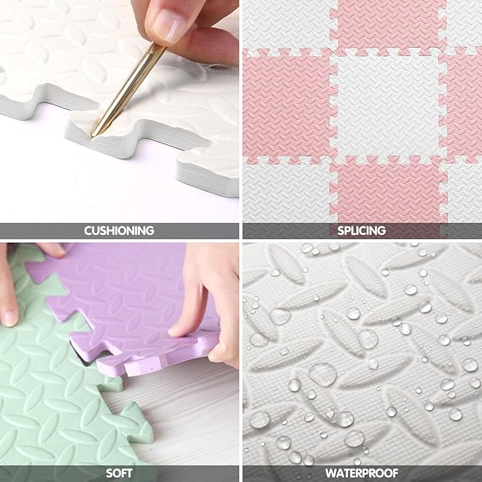 16 Tiles Foam Play Mat for Baby, Soft & Safe EVA Foam Mats for Floor, Square Baby Play Mat, Kids Foam Puzzle Floor Mat, 47x47 Play Mat for Playpen(White/Loli Pink)