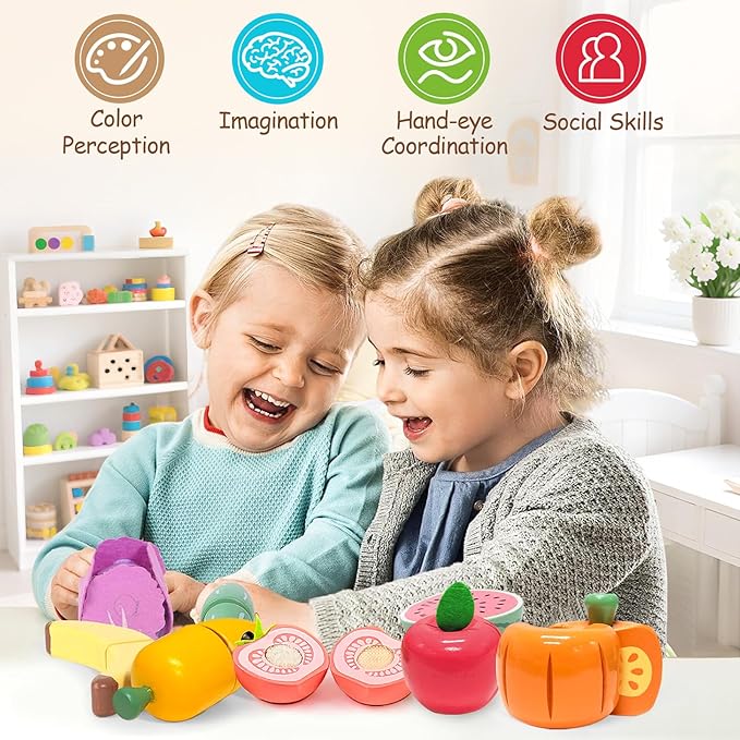 WHOHOLL Play Food Set for Play Kitchen Accessories, Wooden Toys Food Pretend Cutting Food with Apron, Montessori Velcro Fruit and Veggies for Toddlers 3+ Years Old Girls Boys