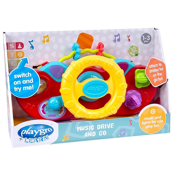Playgro Drive & Go Steering Wheel Toy - Interactive Toddler Toy for Car Seat, 1 to 3 Years - Enhances Motor Skills, Role Play, & Active Learning - Baby Car Seat Toys with Lights, Sounds, & STEAM