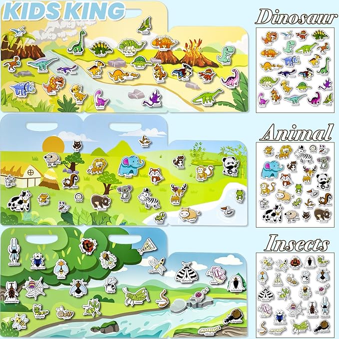 3 Pack Reusable Sticker Books for Kids, Waterproof Puffy Stickers - Match the Shape and DIY Scene, Toddler Travel Essential Quiet Time Activities Toys - Dinosaur, Animal and Insect (2-6 Age)