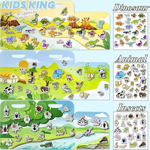 3 Pack Reusable Sticker Books for Kids, Waterproof Puffy Stickers - Match the Shape and DIY Scene, Toddler Travel Essential Quiet Time Activities Toys - Dinosaur, Animal and Insect (2-6 Age)