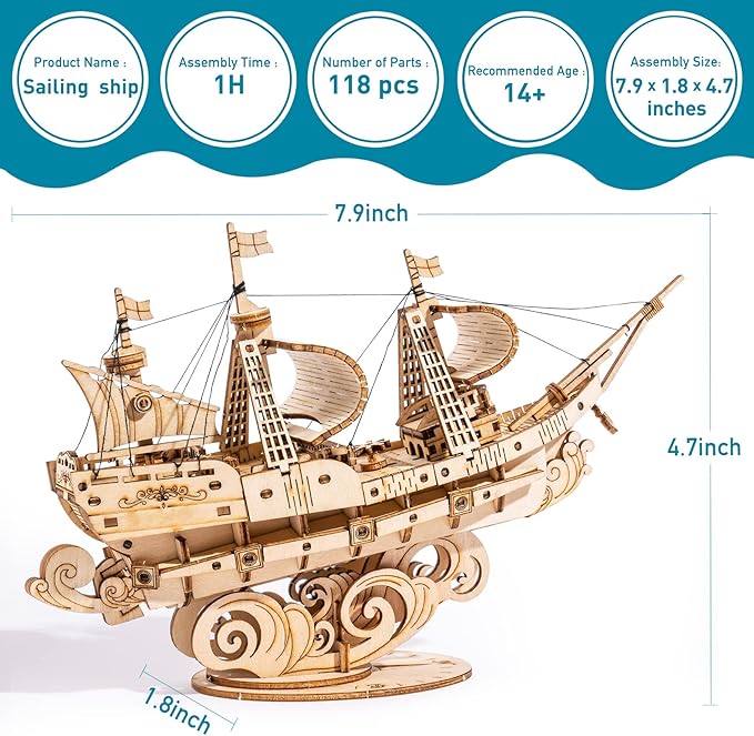RoWood 3D Wooden Puzzle for Adults, Vintage Wooden Watercraft Model Sailboat Kit to Build, Best Gift Ideas Crafts Kit for Adults - Sailling Ship