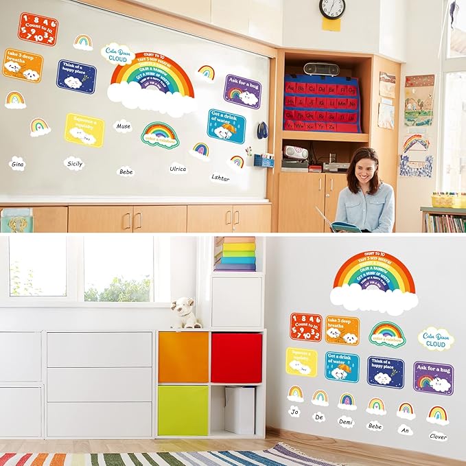 Tatuo 69 Pcs Calming Corner Posters Calm Down Cloud Mini Bulletin Board Set Calming Corner Supplies Rainbow Cloud Cutouts Classroom Decor for Back to School Kids Educational Learning Activities