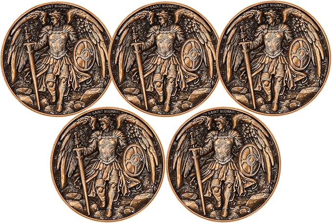 5Pcs Saint Michael Archangel Protection Coin, 1.57-Inch Double-Sided Zinc Alloy Collectible with Antique Finish, Featuring Saint Michael Prayer Christian Challenge Coin (Pack of 5)
