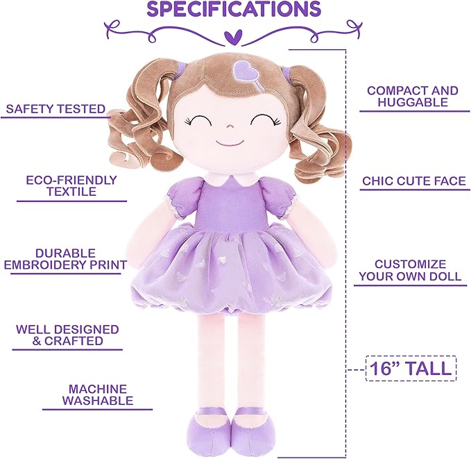 Gloveleya Personalized Curly Doll with Your Name - Cute Custom Light Purple Soft Plush Doll for Girls Plush Doll Customized Gifts