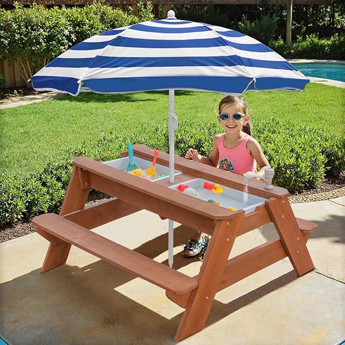 Kids 3-in-1 Sand & Water Activity Table, Wood Outdoor Convertible Picnic Table, 2 Play Boxes, Removable Top with Faucet, Picnic for Outdoor Backyard Patio Play (Brown/Navy)