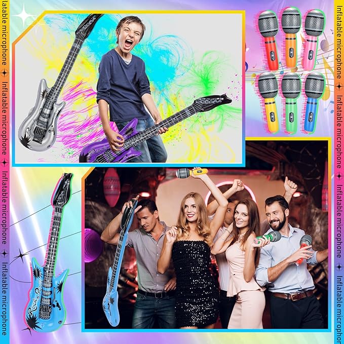 24 Pcs Colorful Inflatable Instruments Rock Star Toy Set Including 12 Pcs Plastic Microphones, 12 Inflatable Guitars and 1 Inflator for Musical Concert Themed Party Decoration