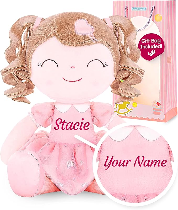 Gloveleya Personalized Curly Doll with Your Name - Cute Custom Pink Soft Plush Doll for Girls Plush Doll Customized Gifts