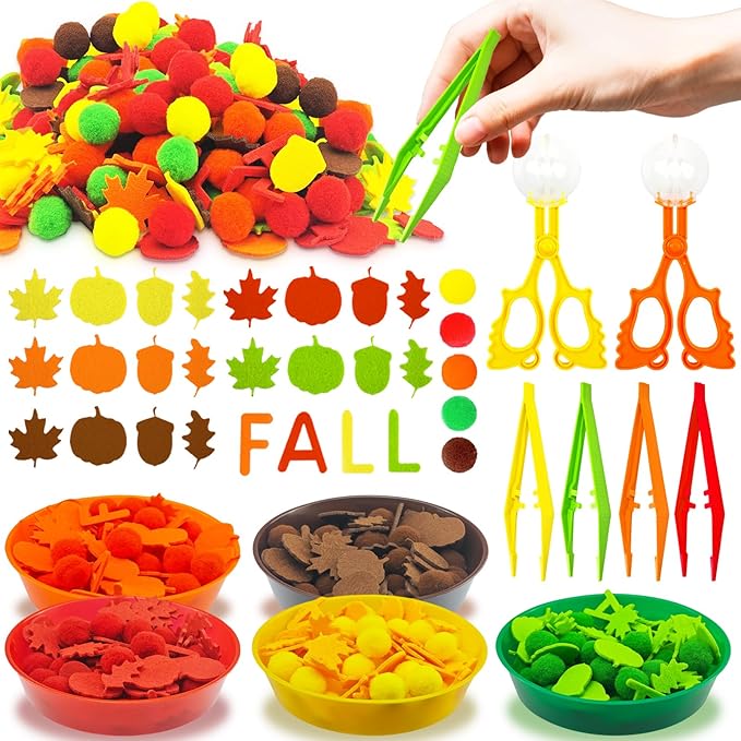 211 Pcs Fall Sensory Bin Filler Fall Sensory Bin Items Fine Motor Toys Counting Sorting 100 Pom Poms 100 Fall Felt Leaves Pumpkin 5 Sorting Cup for Fall Sorting Counting Training