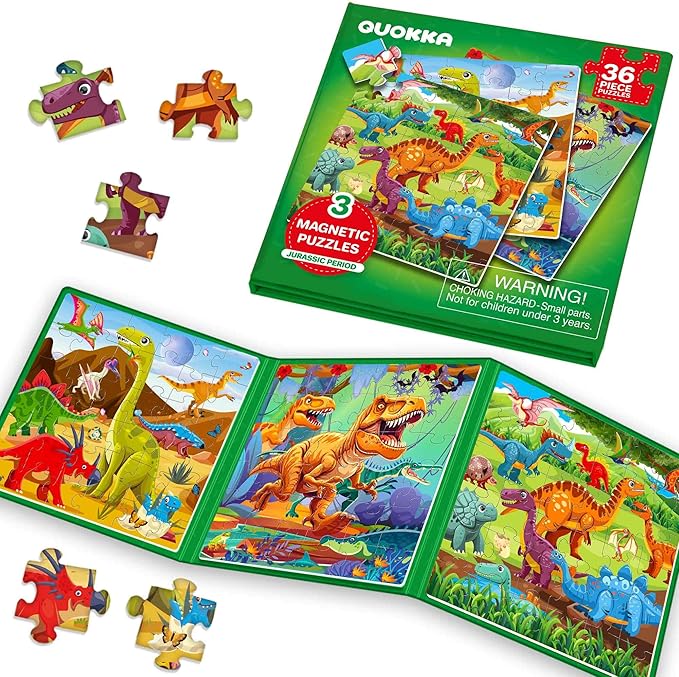 QUOKKA Travel Magnetic Puzzles for Toddlers 3 – 30+Pcs Dino Game with Extra-Long Play Book – Fun Travel Game Toy for Kids Ages 3-5 – Strong Magnets for Car Activities – Fun Toddler Puzzle Ages 3-4