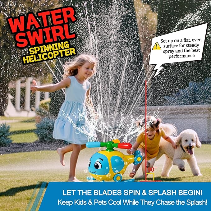Helicopter Water Sprinkler for Kids, Spinning Outdoor Lawn Toy for Summer Fun, Backyard, Pool, Garden & Birthday Party Play, Ages 3-12, Easy Setup Water-Powered Sprinkler