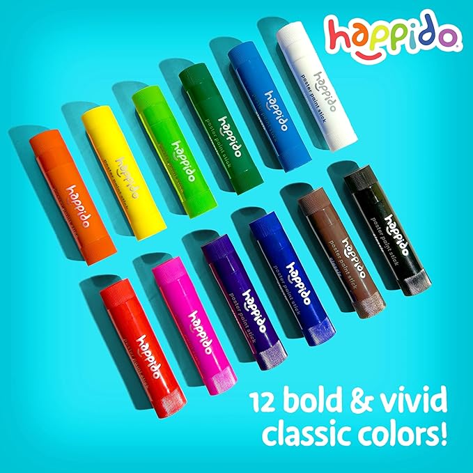 Happido Set of 12 Twistable Tempera Paint Sticks For Kids, Quick Drying, No Mess Art Supplies for Toddlers and Kids Ages 4-6 - CLASSIC COLORS