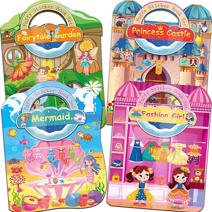 Dress Up Sticker Books for Girls Ages 3+, Reusable Puffy 3D Sticker Books for Toddlers, Include Princess Mermaid Fairy and Fashion Girl,Activity Book for Toddlers 3-5