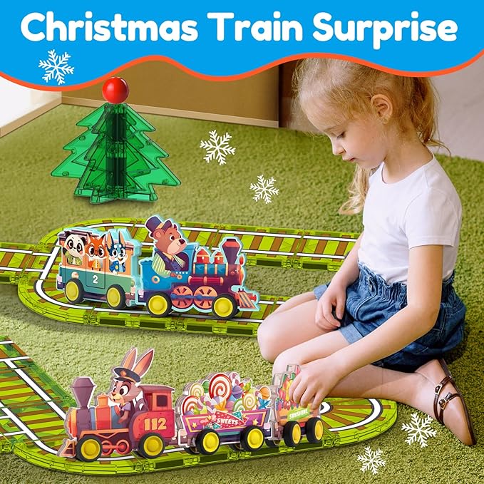 Oriate Rolling Magnet Train Set for Magnetic Tiles, 5pcs Magnet Tiles Toy Train for Road Magnetic Tiles, Free Wheel Animal Vehicles for City Magnetic, Kids Christmas Town Magnetic Tile Accessory