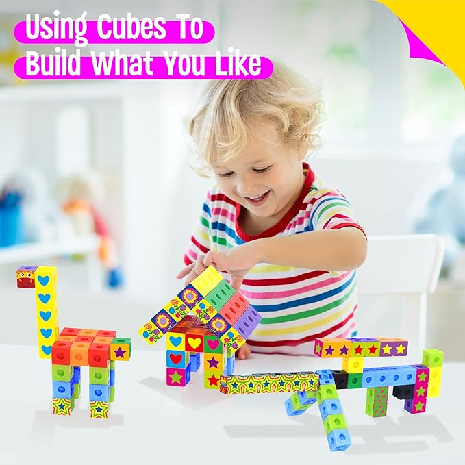 100 Math Linking Cubes, Math Cubes with 320 Reusable Stickers Manipulative Geometric Shapes Connecting and Counting Snap Blocks for Early Math & Construction, Educational Toy for Preschool, Homeschool
