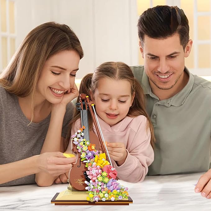 Mini Violin Building Blocks Sets Flower - 950+PCS Musical Instrument Micro Building Bricks Kit Floral - Creative Ideals, Collectible Architecture Decoration, Birthday Gift(Violin Flower)