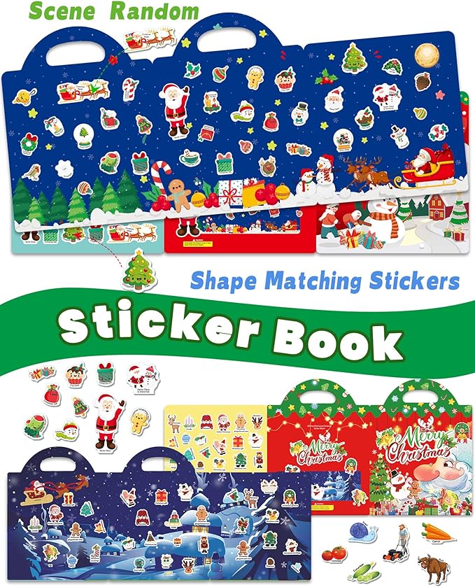 Reusable Sticker Book for Toddlers 2-4 Years, Stickers for Kids, Toddler Sticker Book Ages 1-3, Toddler Craft Activities, Toddlers Travel Toys Ages 2+ Boy Girl Birthday Gifts - Christmas