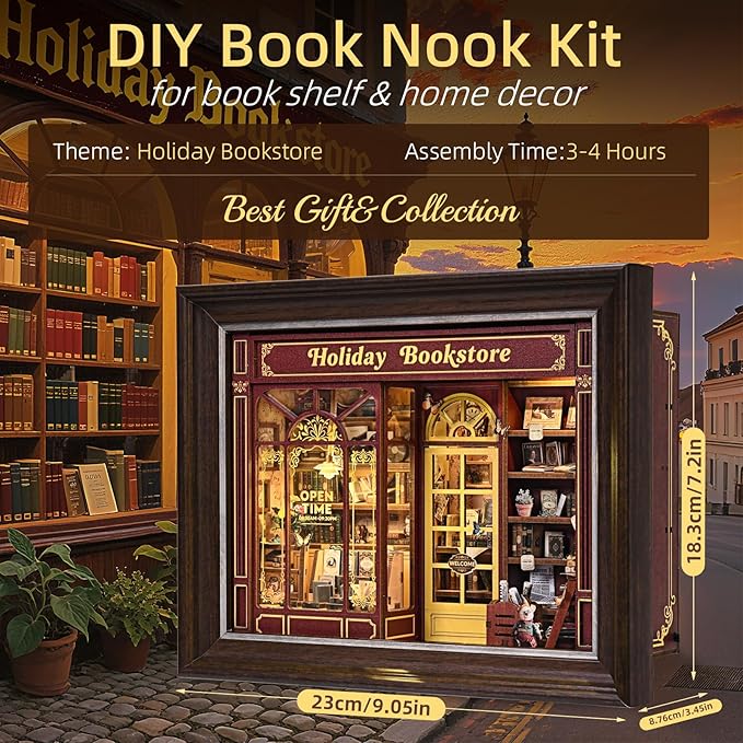 Book Nook Kit-3D Wooden Puzzle with LED Switch Control & Wall-Mountable Frame,DIY Miniature House for Beginners,Bookshelf/Tabletop/Wall Decor for Craft Lovers,Dollhouse Gift,Holiday Bookstore