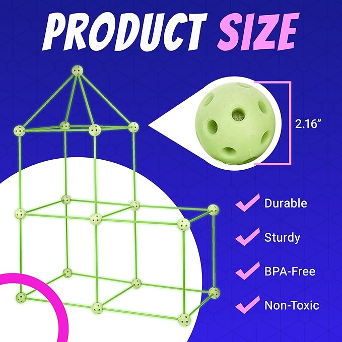 Playbees Glow in The Dark Fort Building Kit with Rods and Connectors - 132 Pieces - Glow in The Dark - Ages 4-8, 8-12 STEM Building Toy, Construction Set for Kids, DIY Castle, Birthday Gift