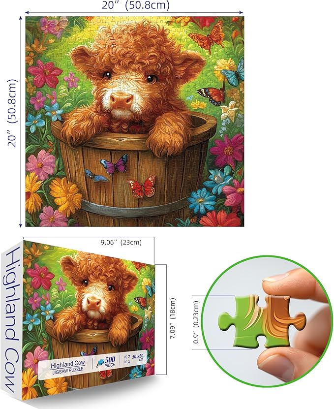 Highland Cow Puzzles for Adults 500 Pieces, Cute Animal Butterfly Flowers 500 Piece Puzzles for Adults, Difficult Challenging Unique Funny Family Jigsaw Puzzle, 20x20 Inch