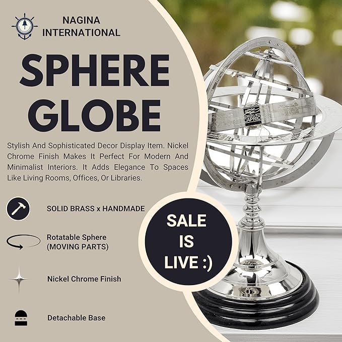 Antique Vintage Zodiac Armillary Brass Sphere Globe Wooden Display | Pirate's Antique Ship Decor | Nagina International (Large, Nickel Plated)