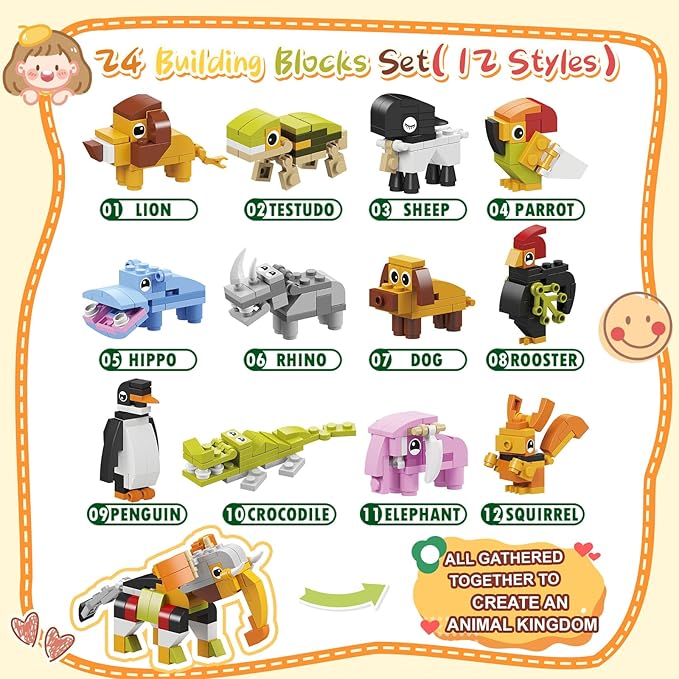 24 Packs Animal Building Blocks Valentines Gifts for School, Valentines Exchange Party Gifts for Boys Girls
