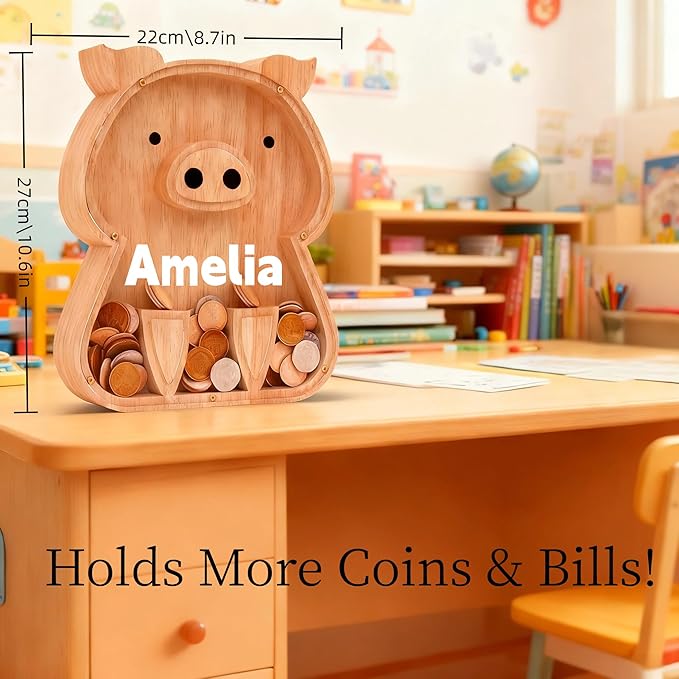 Personalized Wooden Piggy Bank for Kids, Custom Name Cute Wood Bank Large for Boys Initial Coin Bank Personalized Wood Money Save Box for Birthday Christmas and Festival