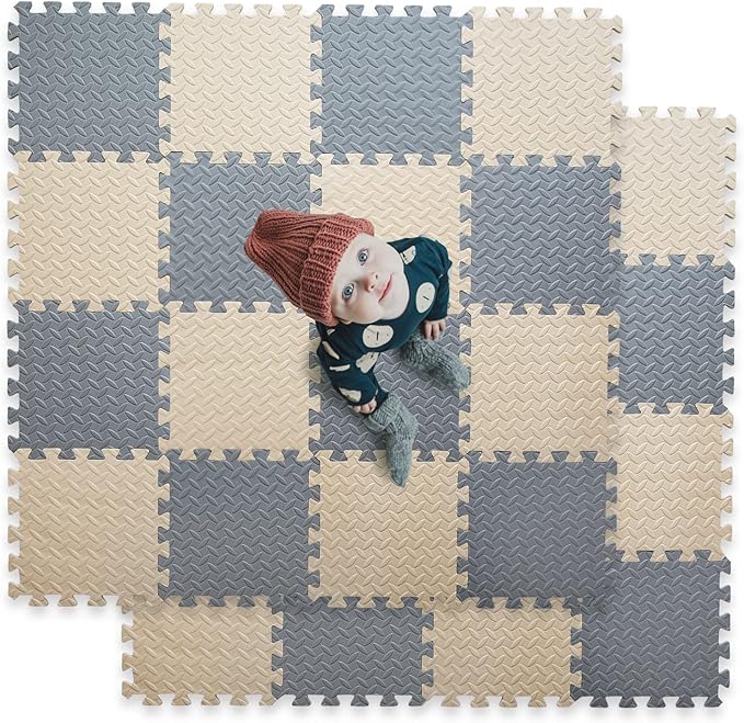 16 Tiles Foam Play Mat for Baby, Soft & Safe EVA Foam Mats for Floor, Square Baby Play Mat, Solid Colored Kids Foam Puzzle Floor Mat, 47x47 Play Mat for Playpen(Beige/Gray)