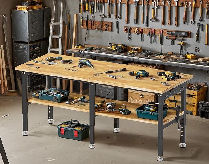 84” Heavy Duty Work Bench, 2-Layer Adjustable Workbench, 5000 LBS Capacity Work Bench with Power Outlet & Pegboard, Rubber Wood Work Table for Garage, Workshop, Office, Home