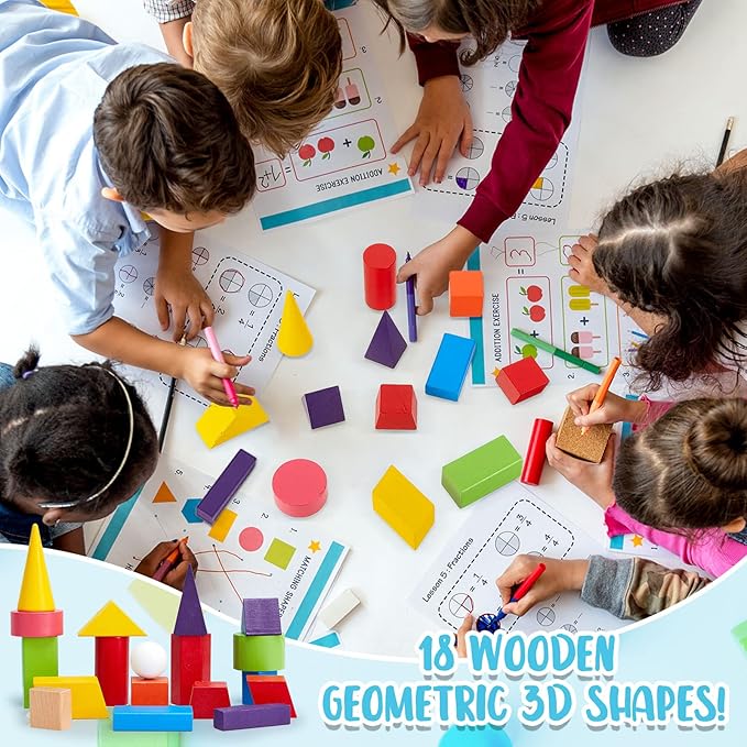 Deekin 36 Pcs Large 3D Shapes for Teaching Math Manipulatives Geometric Solids Blocks Montessori Learning Toys Blocks Solid for Preschool Elementary Kindergarten Home School Supplies (3D Shape)