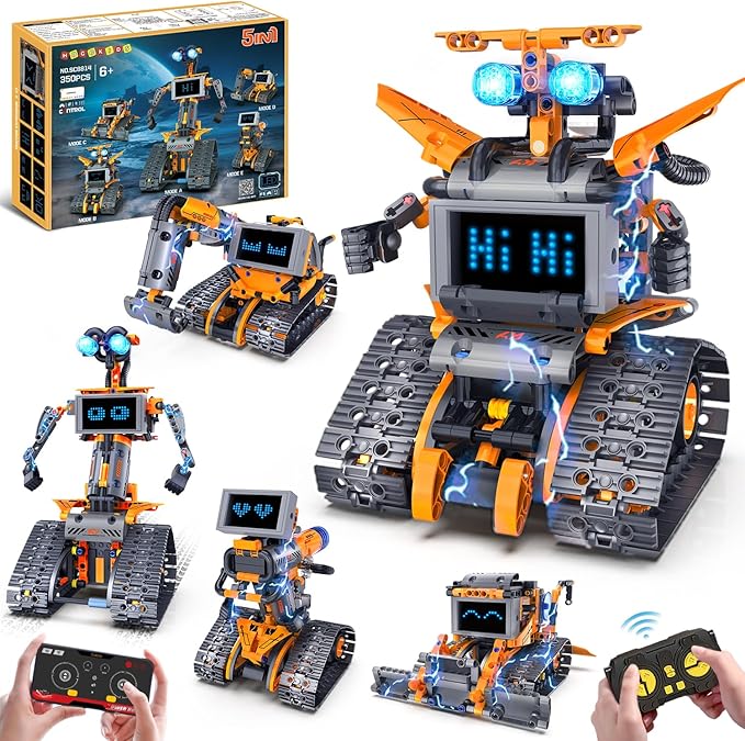 Robot Toys with LED Eyes & 18 Expression Building Toy, 5-in-1 App & Remote Control Rechargeable Robotics Set for Kids, RC Programmable Projects Educational Gift for Boys Girls 8-14 Year Old Teens