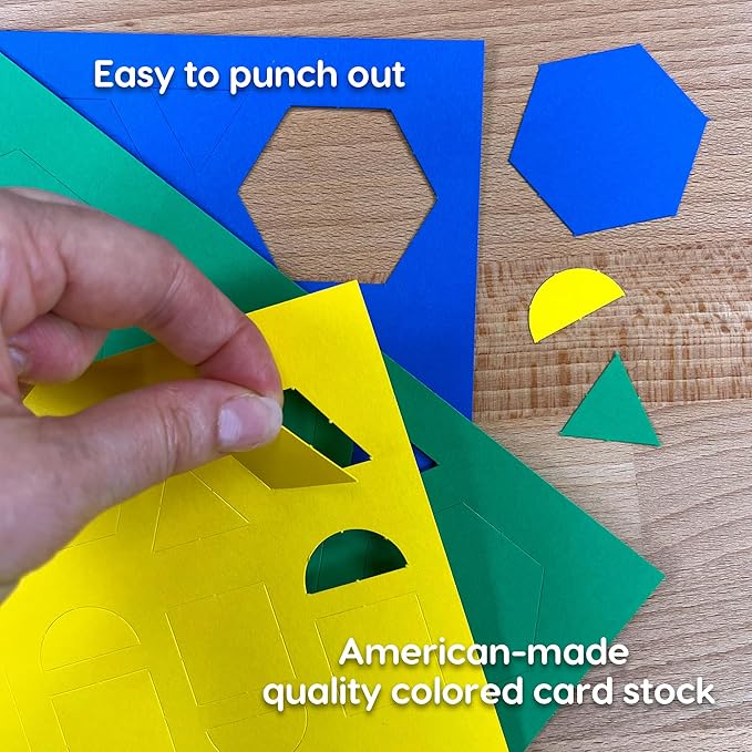 882 Pcs Pattern Block Shapes Math Manipulatives for Learning Multicolor Triangles, Squares, Hexagons, and more Easy-Punch Paper Shape Cutouts in 7 Bright Colors US Made Card Stock