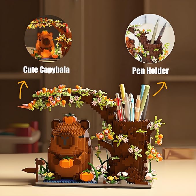 Capybara Building Blocks Set -1880PCS Cute Animals & Flowers Building Bricks Kit Kawaii Capybara Gifts Toy for Kids Age 6+, Capybara Stuff Pen Holder&Desk Organizer, Arts & Crafts for Boys Girls Adult