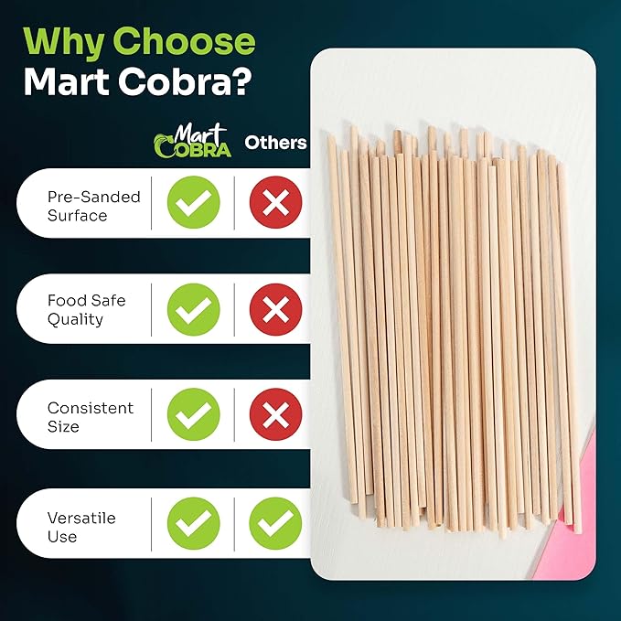 Mart Cobra Wooden Dowel Rods - 200 Pack– 1/8" x 6" Precut Birch Hardwood Dowels, Craft Sticks – Smooth, Food Safe – Small Wood Rods for Art, Crafting, Modeling, Centerpieces, Lollipop Sticks for Craft