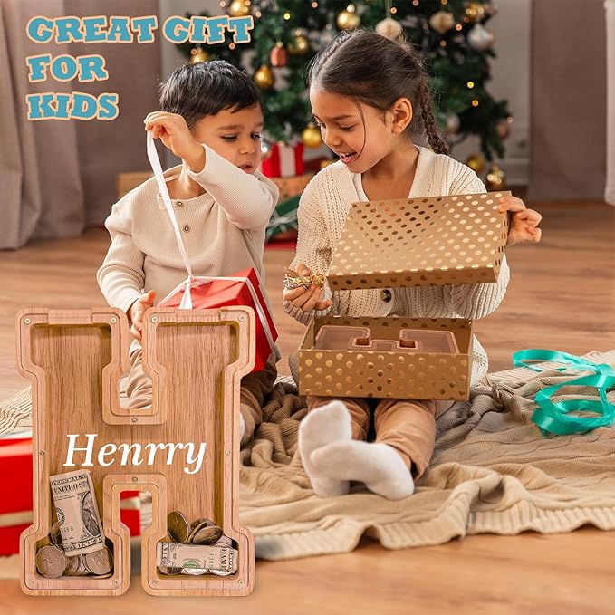 Wooden Letter Piggy Bank for Kids Larger Letter Piggy Bank for Boys and Girls Personalized Piggy Bank Initial Coin Bank Wood Kids Money Bank for Birthday and Festival