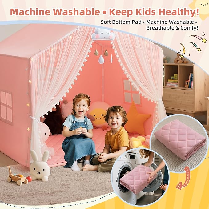 Large Kids Play Tent, 55.1in Length, Fits 3-4 Children,Indoor Playhouse for Kids, with Padded Mat and Lights, Bed Tent for Toddler, Birthday for Boys Girls
