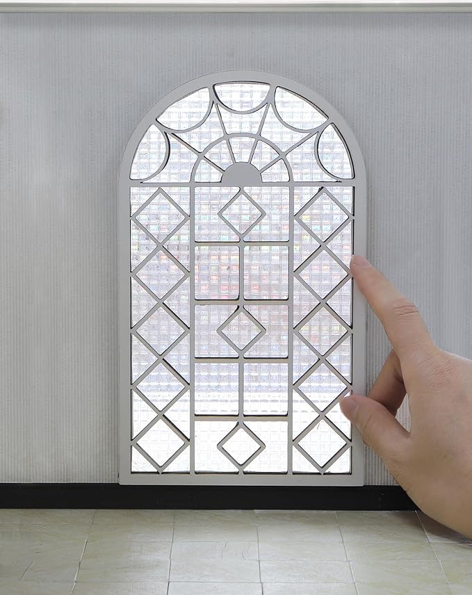 iLAND 1/12 Scale Accessories of Dollhouse Window, Wooden DIY Dollhouse Building Supplies, Complete Miniature Window Kit w/Wooden Frame & Grid Pattern PVC Film