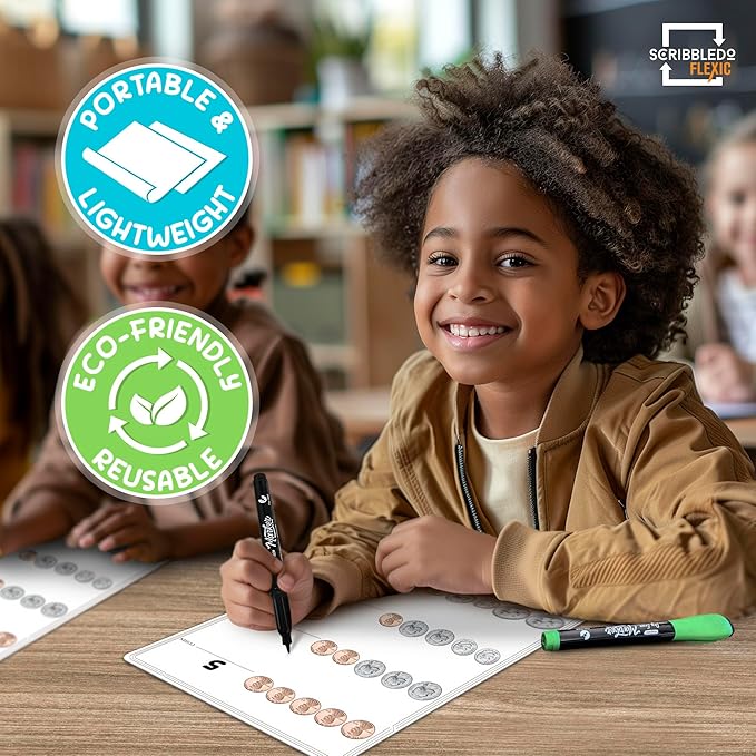 SCRIBBLEDO Coin Practice 9”x12” Small White Board Dry Erase Sheets Math Manipulatives 2nd Grade Money Learning Homeschool Supplies Teacher Students Classroom Pack of 10 Sheets