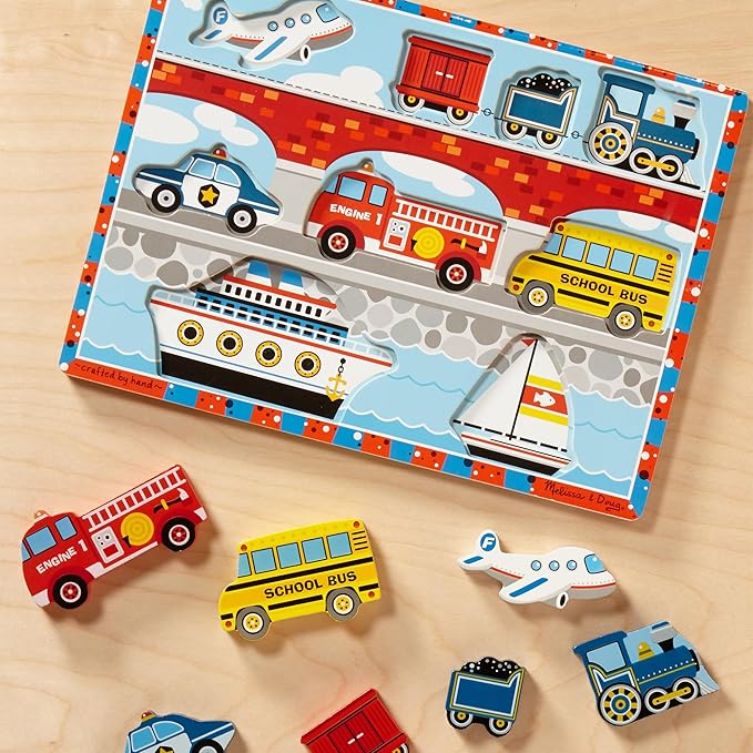 Melissa & Doug Vehicles Wooden Chunky Puzzle (9 pcs), Educational Screen Free Activity for Toddler, Preschoolers And Kids Ages 2+- FSC Certified