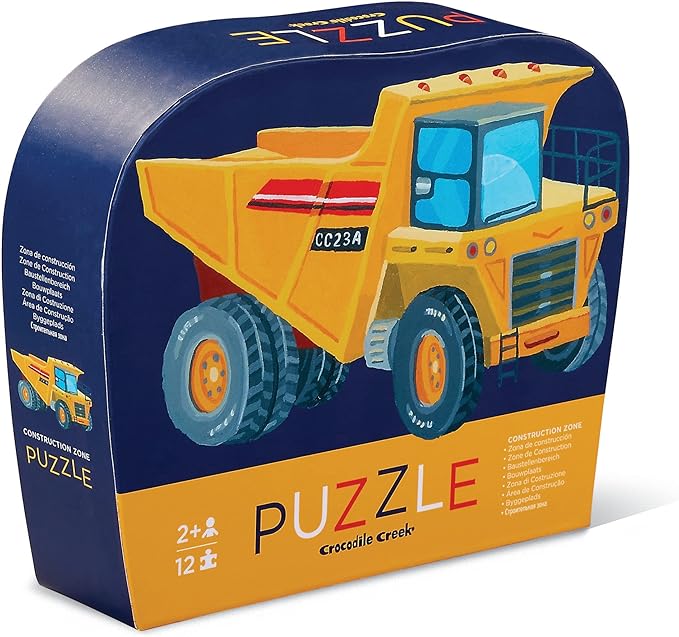 Crocodile Creek 12-Piece Mini Jigsaw Puzzle - Fun Floor Puzzles for Kids Ages 2-4 and Up - Heavy-Duty Shaped Box for Storage - Construction Zone with Dump Truck - 12" x 9" Finished