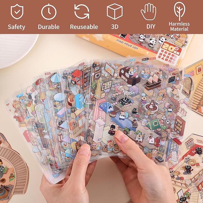 Girls 3D Miniature Scene Stickers, 20 Sets DIY House Stickers, DIY Sticker Scene, Cute 3D Cartoon Sticker Scenes for Adult Kids Relief Stress Pass The Time