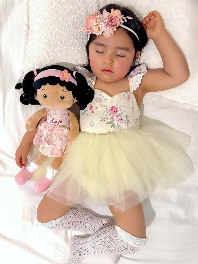 LeyaDoll Personalized Soft Baby Doll Toys (16''), My First Baby Rag Doll for 1 Year-Old Girl Birthday Gift, Christmas Plush Toys Gift for Toddler Kids Infants - Princess Petal