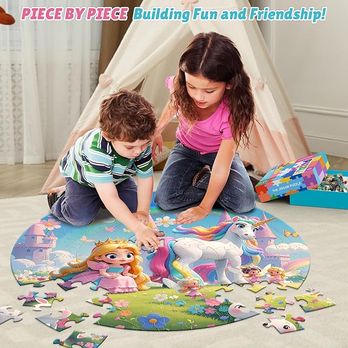 ELX 70 Piece Floor Puzzle for Kids Ages 4-8,Unicorn Princess & World Map Jigsaw Puzzles,Double-Sided Round Large Puzzles for Toddlers,Educational Toys for Boys & Girls (22.5 Inch)