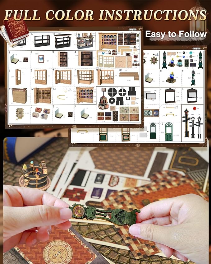 Miniature House Kit Bookstore, DIY Mini House Building Kit, Miniature Kit for Adults with Furniture and LEDs, Great Gift for Teens and Christmas Decor (Twilight Book City)
