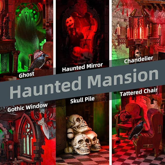 Haunted Horror Book Nook Kit, DIY Miniature Dollhouse Halloween Booknook Kit, Spooky Creepy Scary 3D Wooden Puzzle Bookend Bookshelf Insert Decor with LED Light (Haunted Mansion)