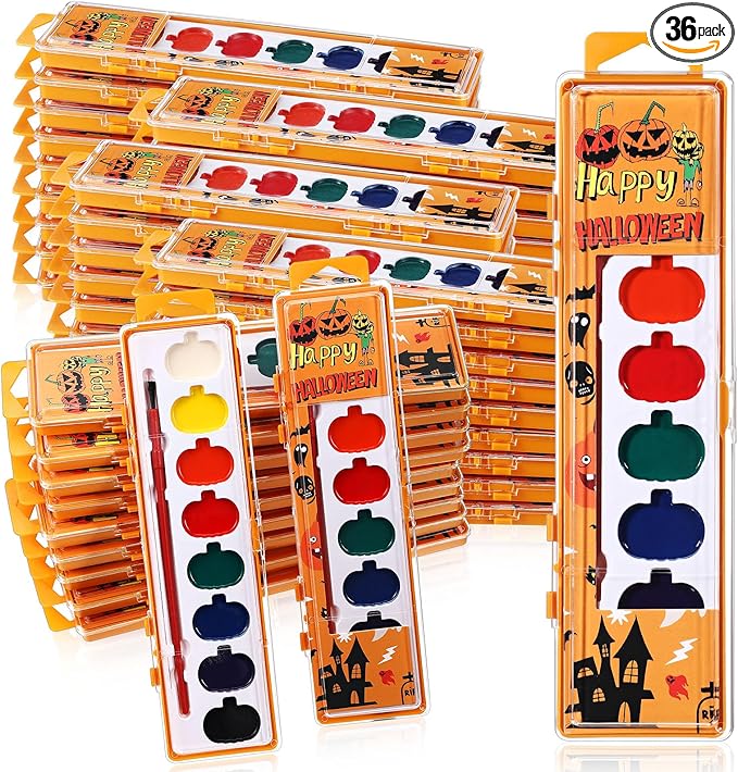 36 Pack Halloween Pumpkin Watercolor Paint Set for Kids 8 Washable Colors with Brushes Water Color Painting Kit for Halloween Painting Kit Gift Party Supplies